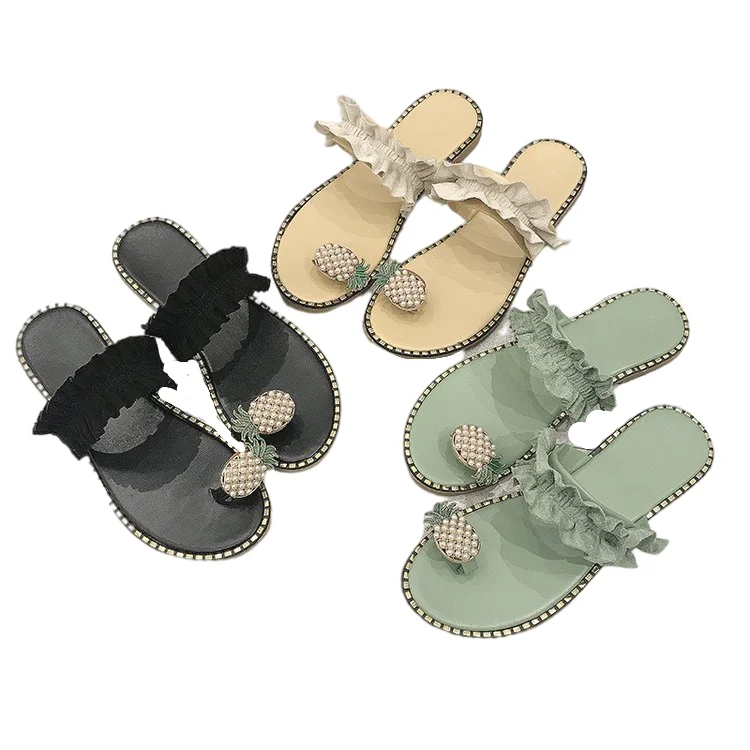 

Women Flat Toe Shoes Bohemian Casual Beach Ladies Platform Pineapple cute Pearl Sandals