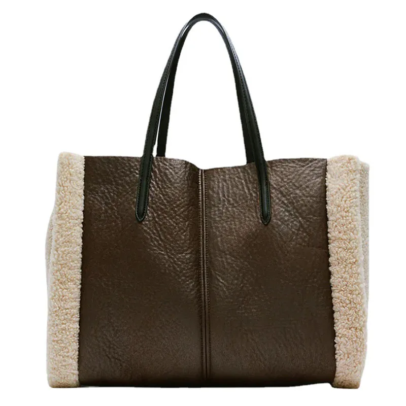 

Fall Winter fashion stripe raw edge shoulder bag luxury leather tote hand bag fur bags women handbags ladies, 1colors