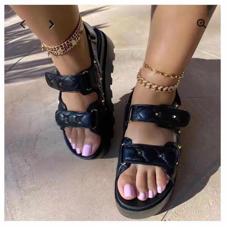 

New fashion Design Platform Flat Summer Slide thick bottom Sandal Shoes Wedge rivet Sandals For Women And Ladies, White/black/brown/pink