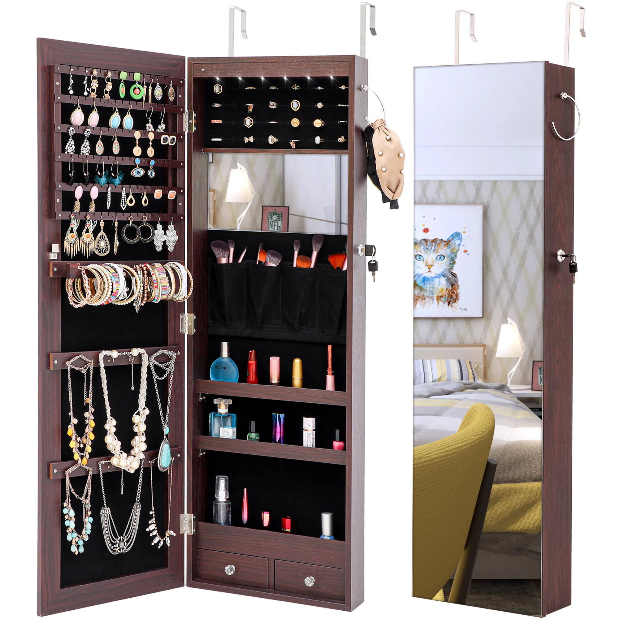 

Free shipping wood cabinets With LED Lights Hanging On The Door Or Wall Charming Beautiful Jewelry Storage Cabinet, White/brown