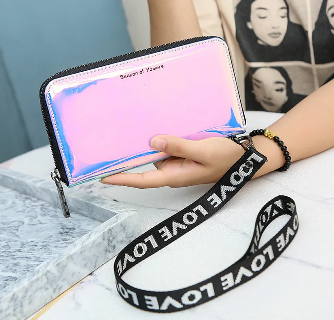 

dongguan manufacturer luxury custom long size color changing laser leather purse for women, Sky blue, yellow, green, purple