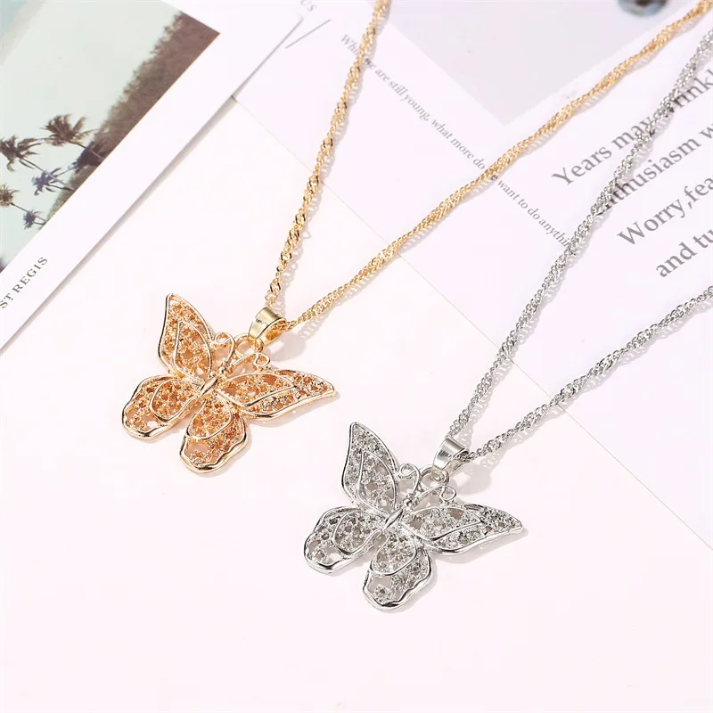

High Quality Double-Deck Butterfly Necklace Water Wave Chain Gold Butterfly Pendant Necklace For Woman Jewelry, Picture shows