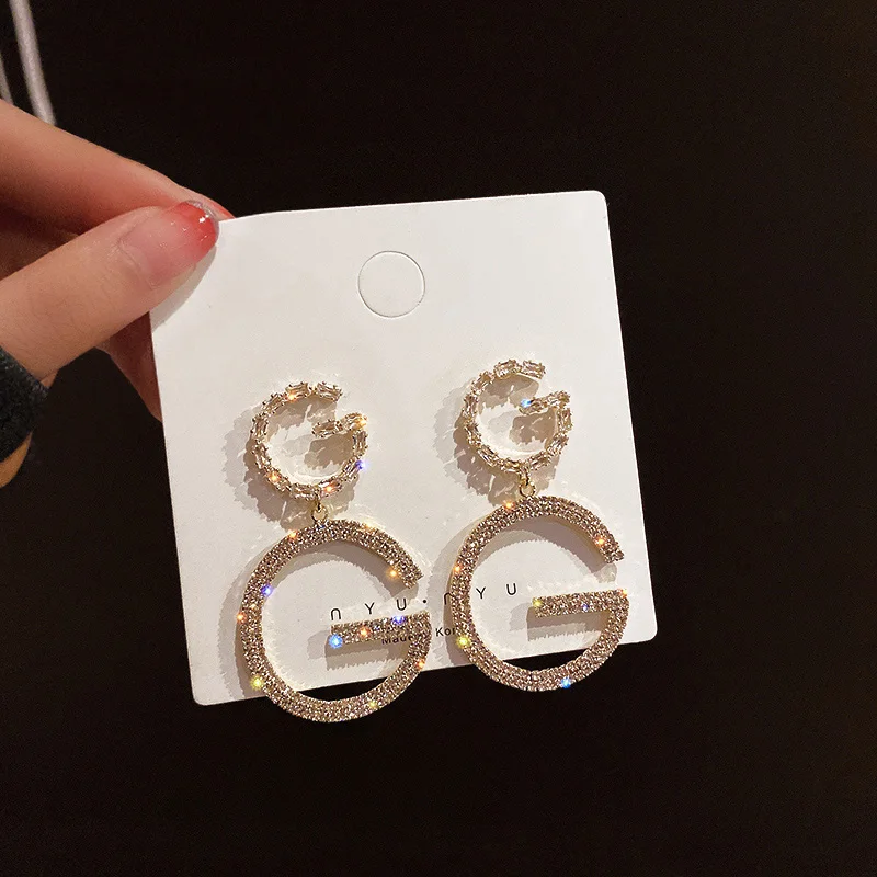 

Luxury Brand Couble G Letter Long Chain Crystal Big Dangle Wedding Jewelry Statement Hanging Earrings For Women
