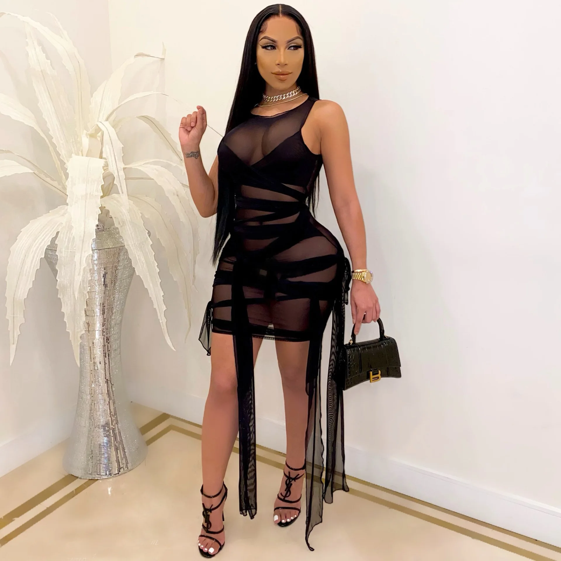 

2021 New Sleeveless Tight Lace-up High Elastic Nightclub Sexy Mesh women short Dress