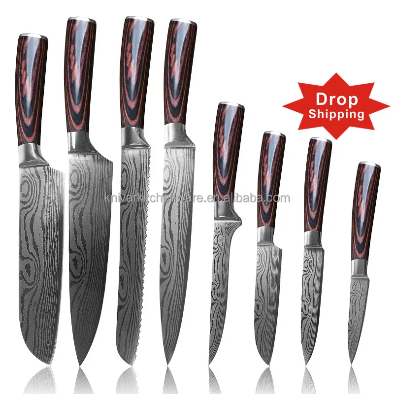 

8 pcs carbon steel high premium sharp serrated skinning bone chopping cutting fruit bread household utility for chef knife set, Silver