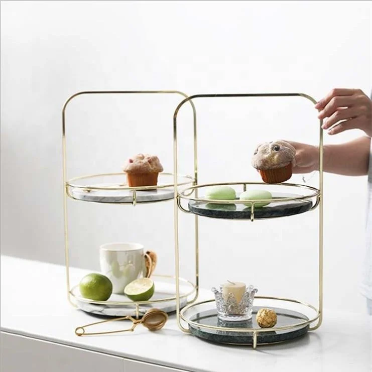 

Marble cake tray double-layer iron wire round pastry cosmetics jewelry storage display stand, Customized color