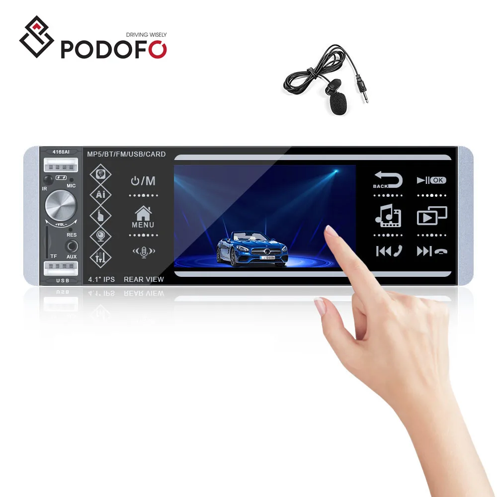 

Podofo 4'' Touch Screen Car MP5 Radio Player 1Din Car Stereo Autoradio AI Voice Assistant 4 USB SD DVR FM AUX BT
