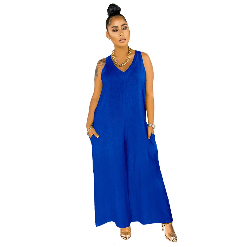 

Fashion Design Women's Sleeveless Breathable Spring Jumpsuit with V-neck One Piece Wide Leg Rompers for Ladies Jumpsuits, Blue/white/yellow/orange