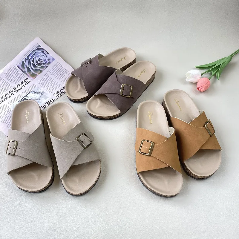 

fashion women's slippers work fashion women's sandals PU slippers portable sandals cork wood sole slipper