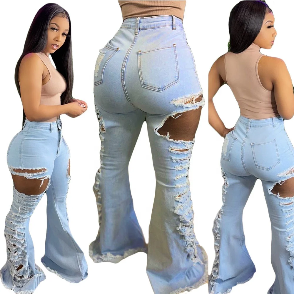 

Women's Elastic Ripped Hole Classic Denim Bell Bottom Jeans, Light blue
