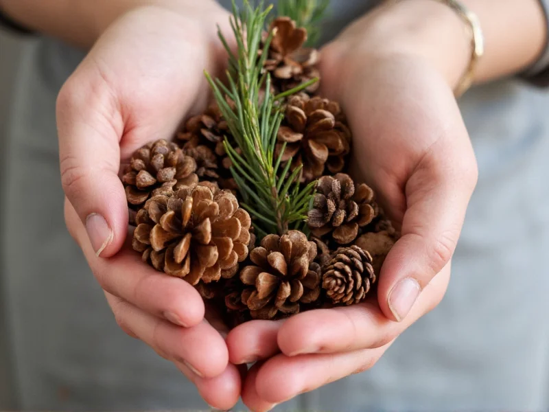 Hand holding pine cones and needles for sustainable crafting