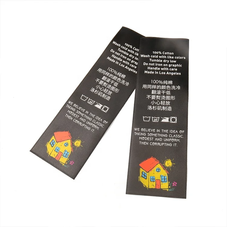 Hot Sale Custom Sew on Screen Printed Care Washing Instruction Cartoon House Logo Black Satin Labels for Coats