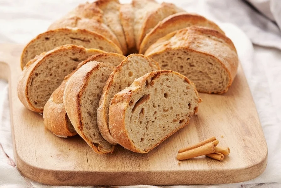 Sliced cinnamon sourdough bread showing spiral pattern and open crumb structure