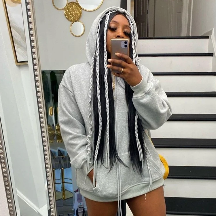 

New Winter Apparel Trendy Tops For Women Non-Woven Drawstring Long Sleeves Solid Fashion Thick Hoodie, Gray,khaki