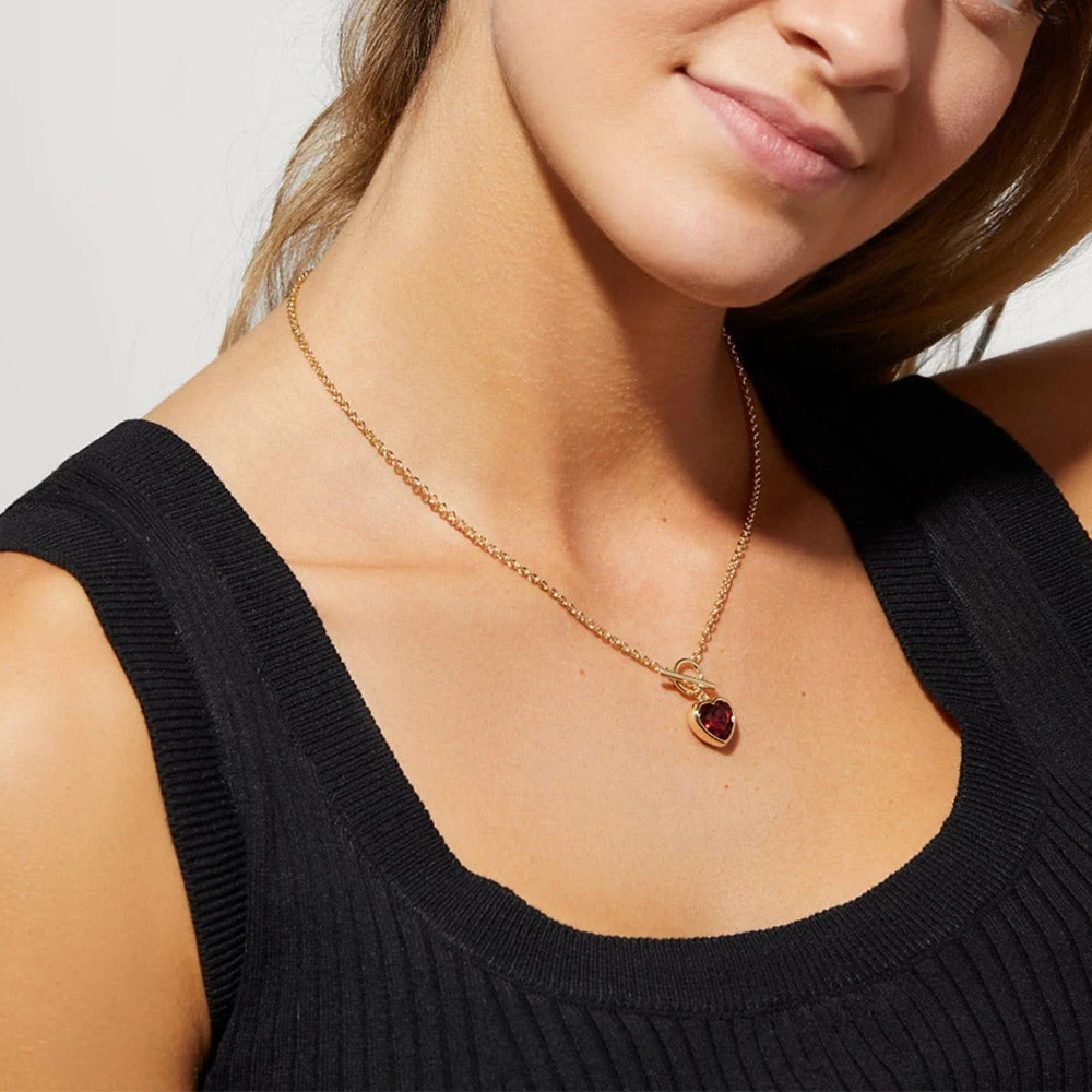 Minimalist Jewelry OT Buckle Gold Plated Red Zircon Heart Pendant Necklace