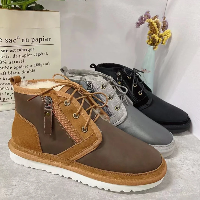 

Men Zip Leather Sports Sheepskin Fur Warm Snow Boots For Men, Black, brown,grey