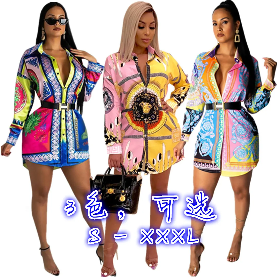 

2021 Fall Fashion Lady Polo Collar Multicolor Position Print Shirt Club Wear Long Sleeve Loose Short Top Blouse For Women, Reveal