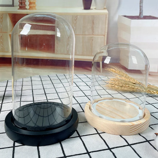 Wholesale Glass Cloche Bell Jar Dome with Black Wooden Base Different Size Glass Cover for Home Festival Decoration