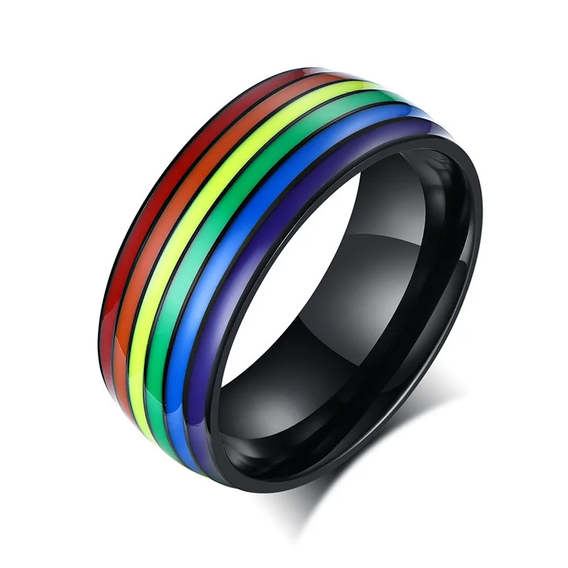 

Hand Decoration Rainbow Flag Titanium Steel Ring with Silver Inlay Setting for Engagement Anniversary Jewelry