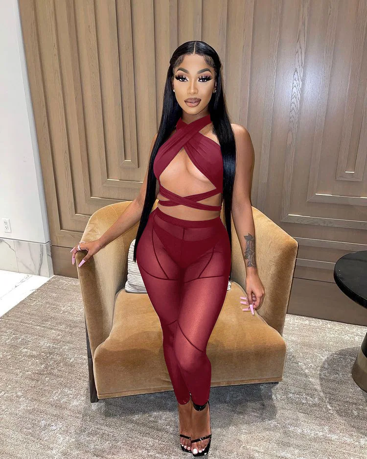 

Wholesale Women Clothes Summer 2022 Trend Plus Size Pants Two Piece set Sexy Crop Top Hollow Out Bandage Club Outfits for Women, 2 color