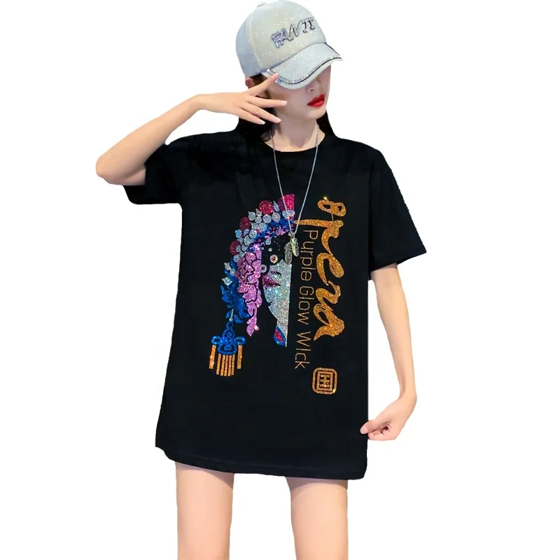 

Designer tshirts 100 cotton Chinese style Rhinestone print oversized tshirt woman t-shirt diamond printing t shirt female