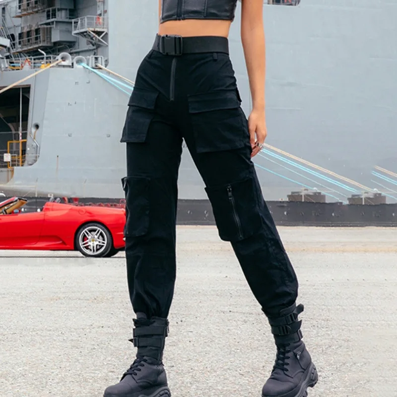 

2021 Fashion Design Women's Utility Overalls Trousers Solid Black Street Style Pockets Casual Daily Cargo Pants, Customized color