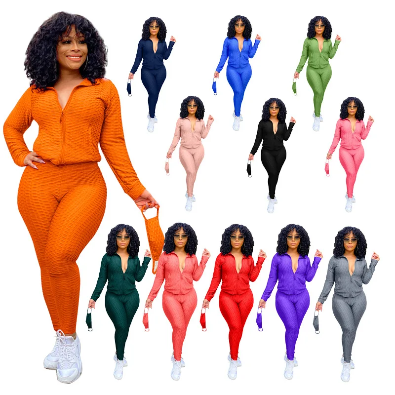 

2021 Solid Color Long Sleeve Sexy Navel Casual Sports Plus Size Two Piece Sets Women Plus Size Women Clothing