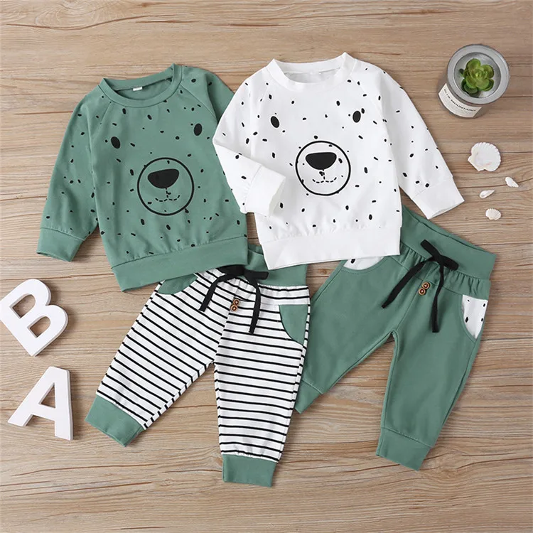 

Cotton Boys Clothes Outfit Full Sleeve Pullover Printed Bear+Striped Pants 2Pcs Spring Baby Boy Clothes Casual Kids Fall Set, White/green