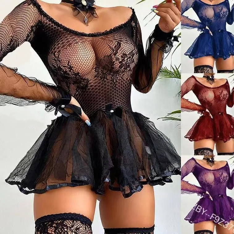 

sfy1848 Latest Long sleeve Lace Woman Sexy Lingerie Mesh Beading Sexy Underwear Transparent Dress Erotic sleepwear babydoll