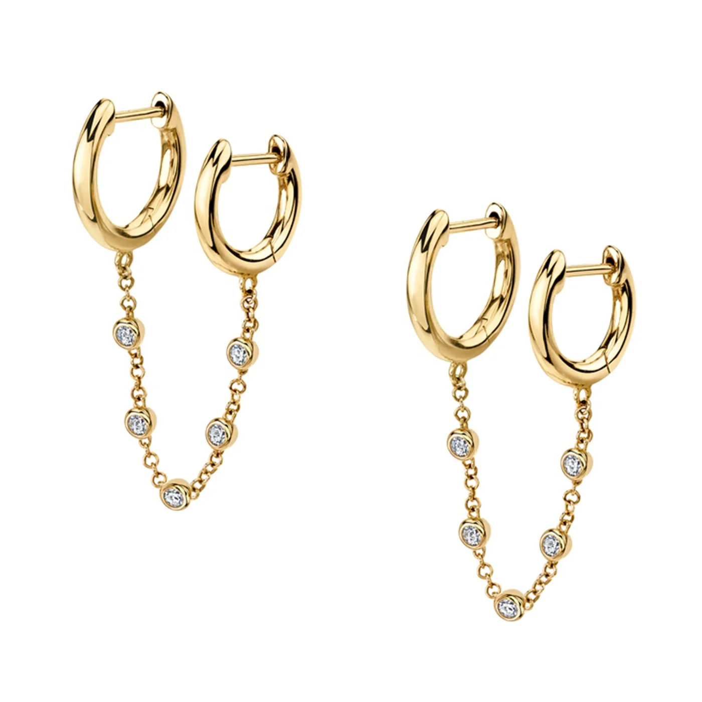 

925 sterling silver gold round CZ chain connected link huggie hoops earring