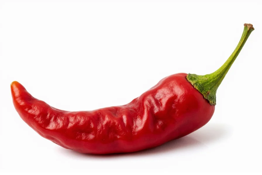 Close-up photograph of Pepper X chili pepper showing its wrinkled texture and deep red color against a white background