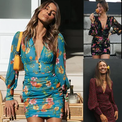 

Spring Casual Fashion High Wasit Printed Sexy V Neck Women's Dress Autumn Elegant Slim Lantern Long Sleeves Bodycon Lady Dresses