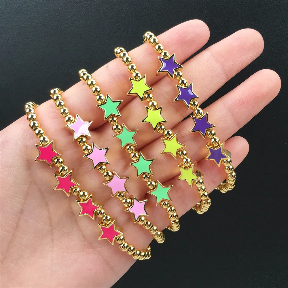 

2021 Cute Beads Charms Hand Bracelet Sky Jewelry Pentagram Design Gifts Gold Plated Bead Enamel Candy Color Star Bracelet
