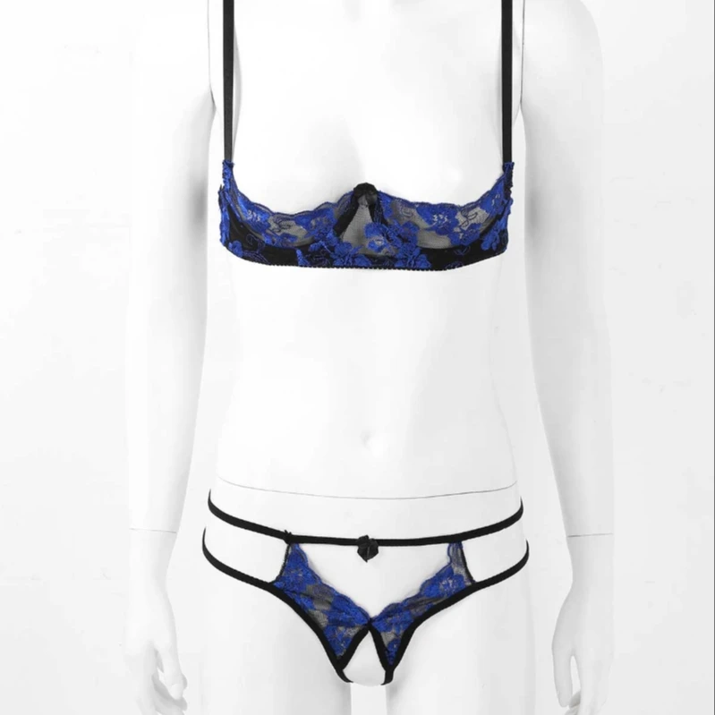

iEFiEL Women 2Pcs Erotic Lace Lingerie Set Bare Breasts Hollow Panties Briefs with Bra Sexy Set