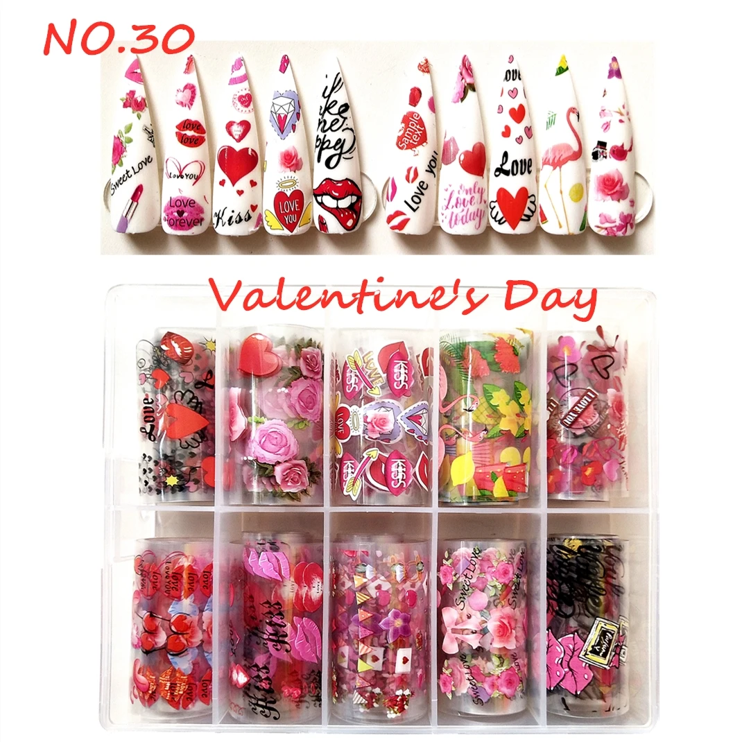 

Valentine's Day 4x100cm Bright Matte Transfer Foils 2D Nail Art Sticker Kit in Plastic Box Includes Bag Packaging