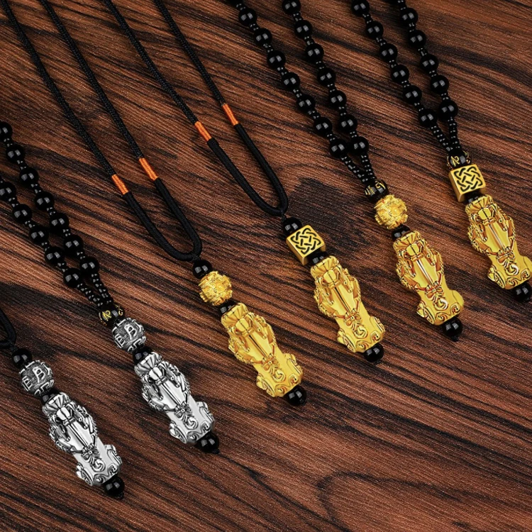 

Vietnam Gold Plated Money Lucky Necklace Black Obsidian Beads Obsidian Pixiu Necklace, Picture
