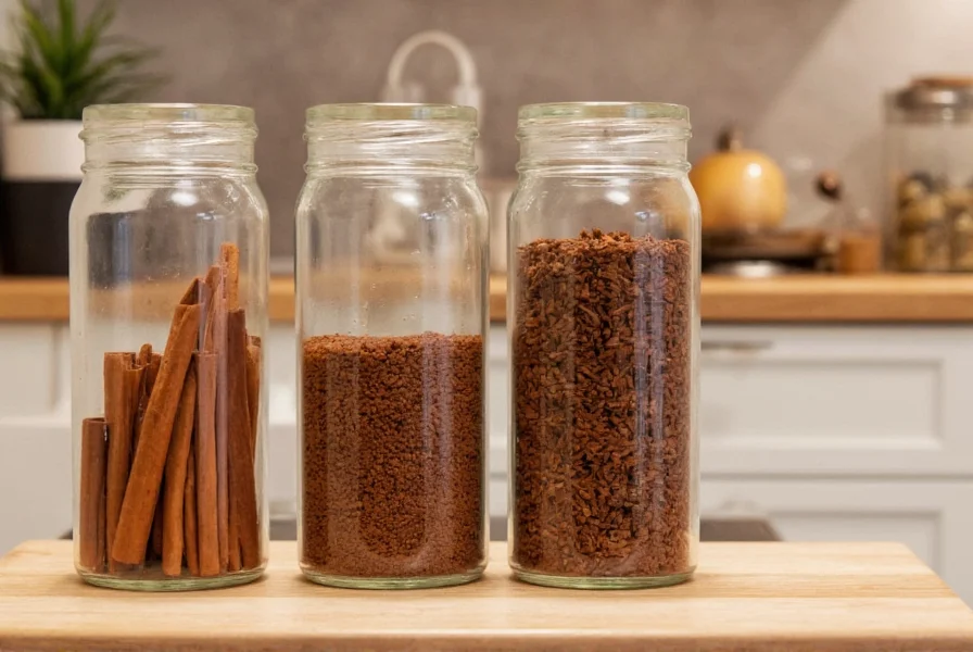 Proper spice storage setup showing cinnamon sticks in airtight glass containers away from light and heat sources