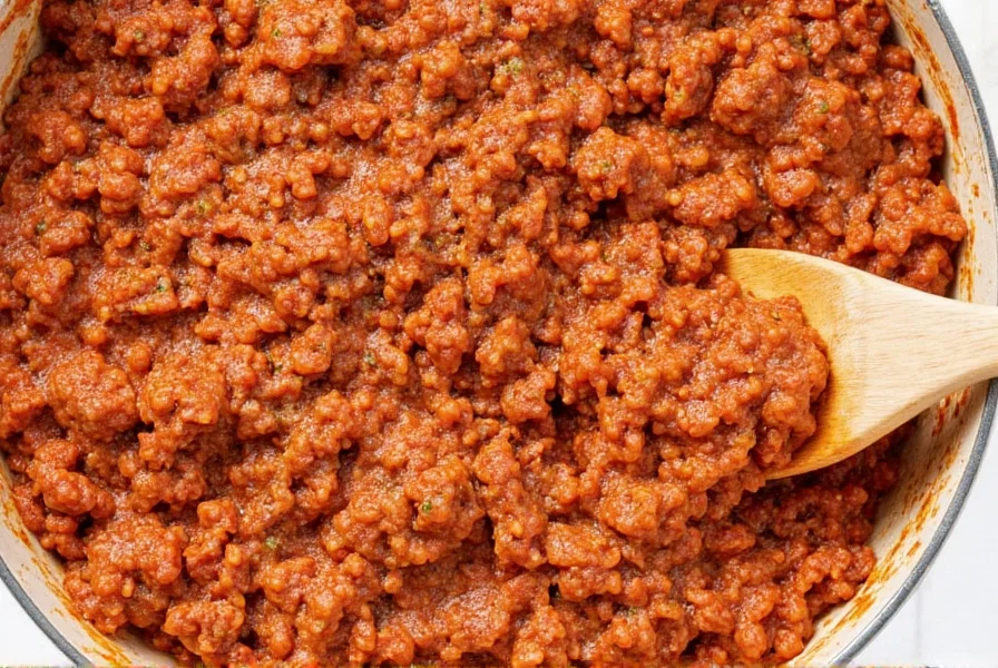 Close-up of hands seasoning ground beef in skillet for spaghetti sauce