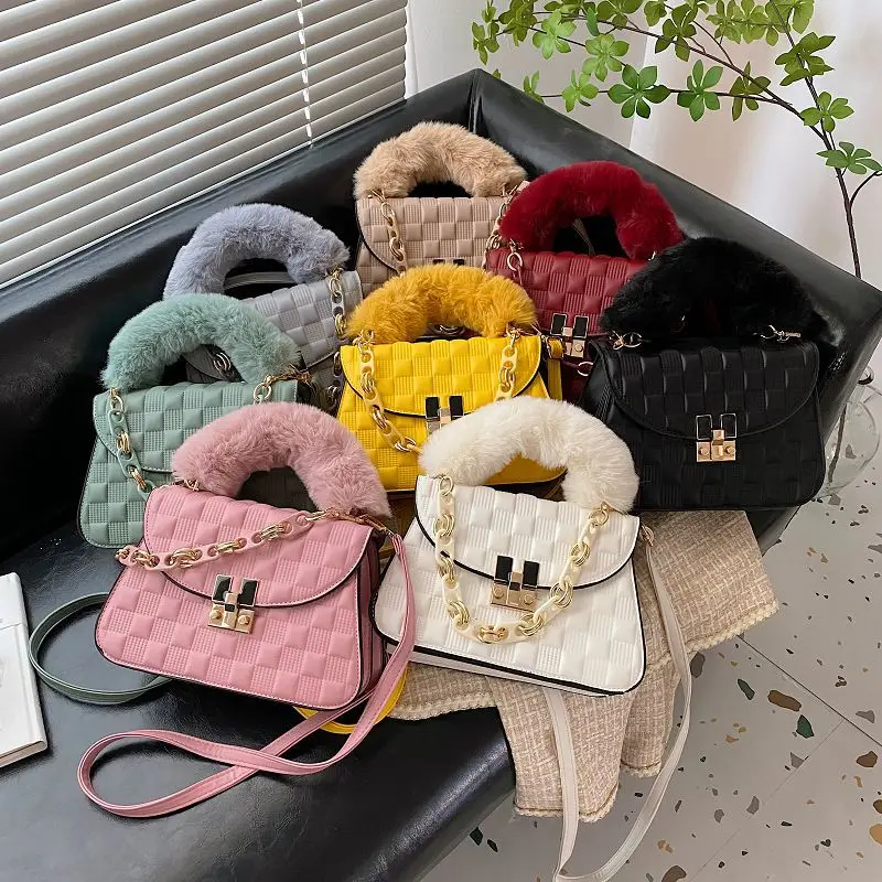 

Luxury Fur Handle Women Hand Bags Women PU Leather Handbags Ladies Small Shoulder Crossbody Purses and Handbags for Women Bags, The picture color