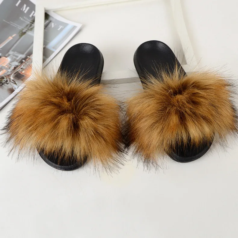 

2020 women Faux fur slippers sandals flat shoes Furry open toe flat faux fox sandals Warm Fashion plush fur slides for women, Black, pink, purple, beige, blue, burgundy
