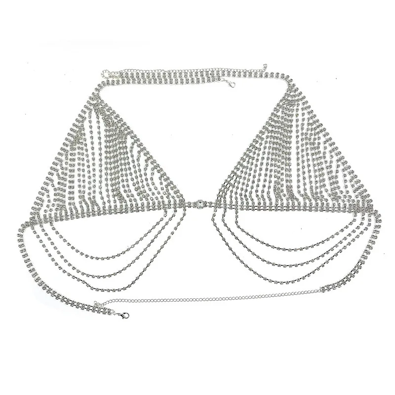 

European and American sexy belt diamond shiny Rhinestone chest chain body chain women's Beach chain fun bikini sexy bra, As picture