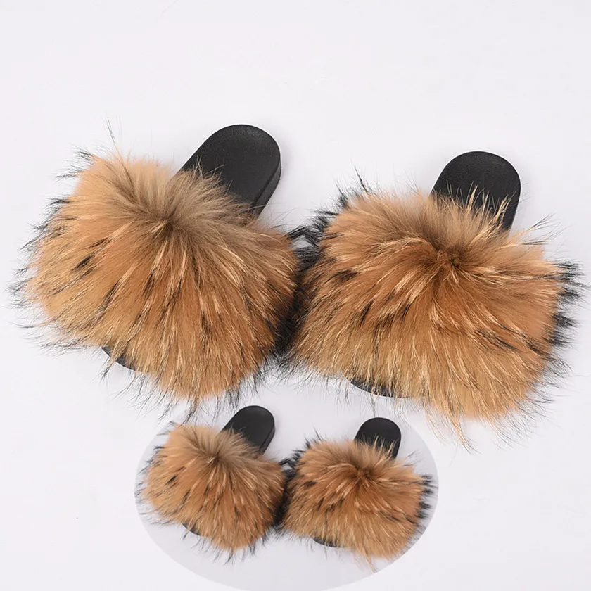 

Custom Logo Parent Kids Fur Slides Handmade Women baby Rainbow Fluffy fox Fur Slippers Mommy and Me matching Fur Slides, Requirement