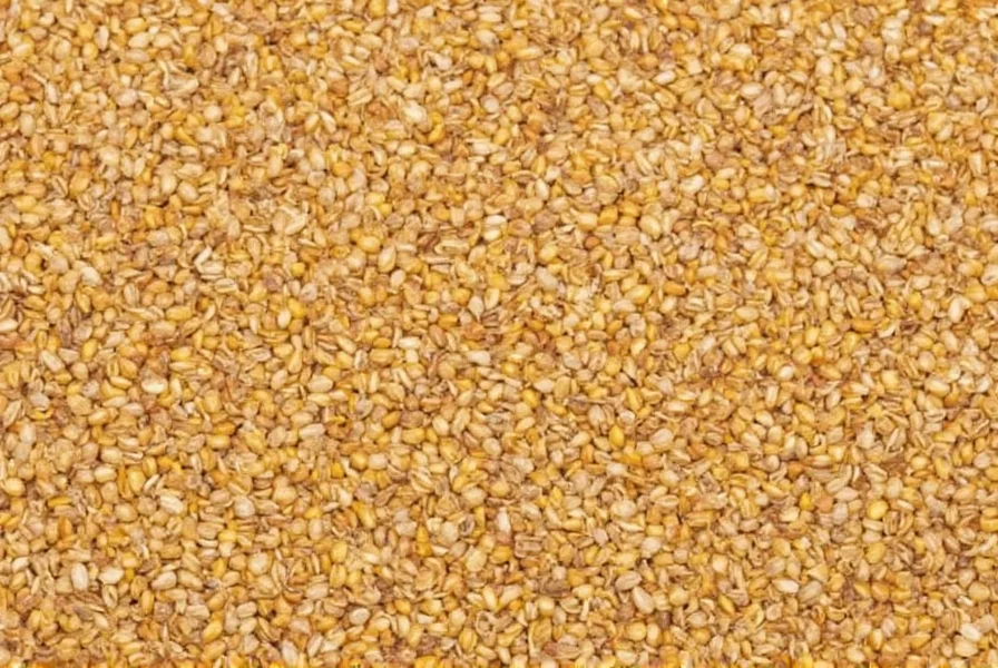 Close-up of golden-brown fenugreek seeds in a glass jar with measuring spoon