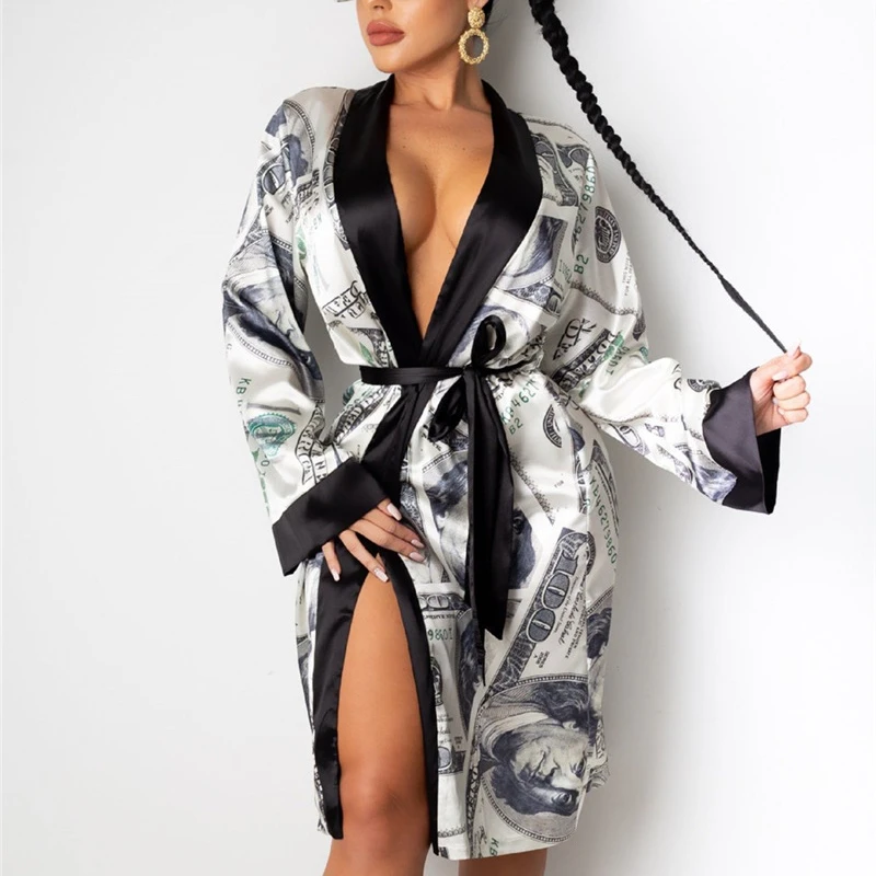 

Hot Sale Ladies Red Money Print Dollar Dollars Sign Sexy Plus Size Satin Robe Sleepwear For Women