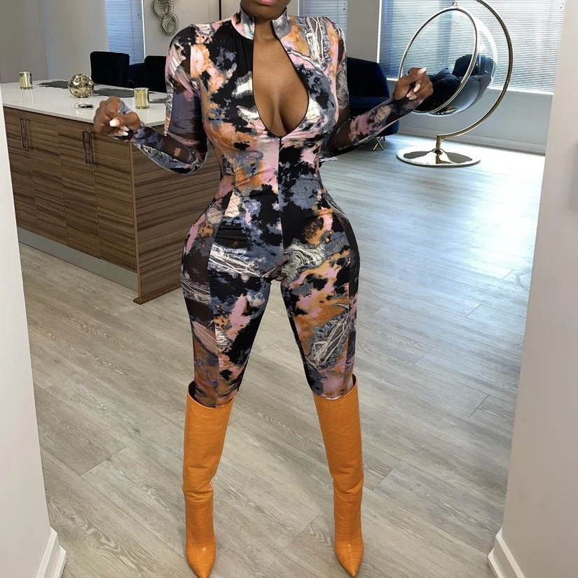 

FS1988D Women sexy long sleeve Rompers Fashion prints Jumpsuits