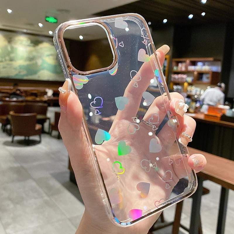 

IMD Gradient Holographic Love Heart Crystal Clear Protection Mobile Phone Case for iPhone 13 Pro Max 13 12 Pro Max 11 XR 8