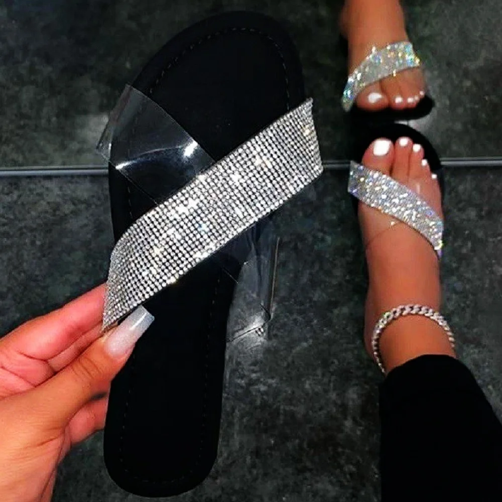 

Leslides Women Luxury Sandal Jelly Clear Strap Slides Slipper Rhinestones Cross Two Strap Soft women's Sandals Flat Shoes, Black