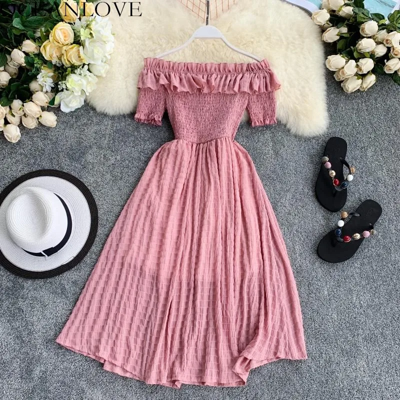 

Women Summer Dresses Plaid Slash Neck Off Shouder Solid Vestidos Ruffles A-line High Waist Dress Robe Femme 11767