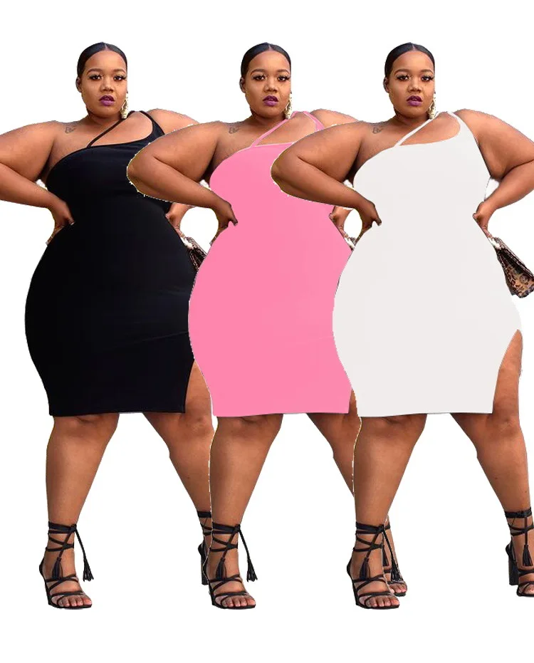 

2021 Summer Women Plus Size Clothing Spaghetti Strap Backless Skirt Dress Solid Color Irregular Package Hip Dresses, 3 colors