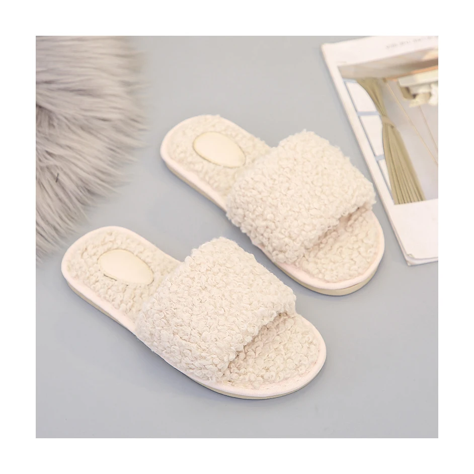 

Women fur slippers Winter plush warm flat slides Female lamb wool super soft furry slipper